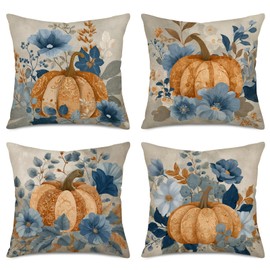 Fukeen Set of 4 Autumn Pumpkin & Blue Floral Pillow Cover 18x18 Inch Set of 4 Vintage Fall Harvest Pumpkin Flower Throw Pillow Covers Rustic Farmhouse Decorative Cushion Case for Sofa Couch