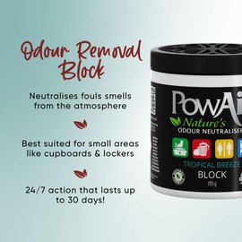 PowAir Block Natural Odour Neutraliser - Lemongrass Scent 170g - Odour Control for Small Rooms and Areas - Natural Essential Oils