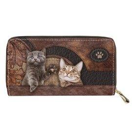 Dolyues Women Long PU Leather Multi Pocket Wallet Credit Card Slot Zipper Coin Purse for Women, Cat Family Print, Classic