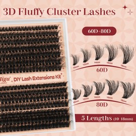 Cluster-Lashes Kit 60D+80D, Higu clace Eyelashes Individual Kit Mix 10-18mm Eyelash Cluster with Bond and Seal and Applicator, DIY Lash Extension at Home (60D+80D 10-18mm)