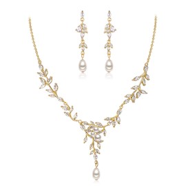 EVER FAITH Cubic Zirconia Bridal Jewellery Set for Wedding, Marquise CZ Simulated Pearl Vine Leaf Necklace Dangle Earrings Set Gold Tone, Cubic Zirconia, Cubic Zirconia