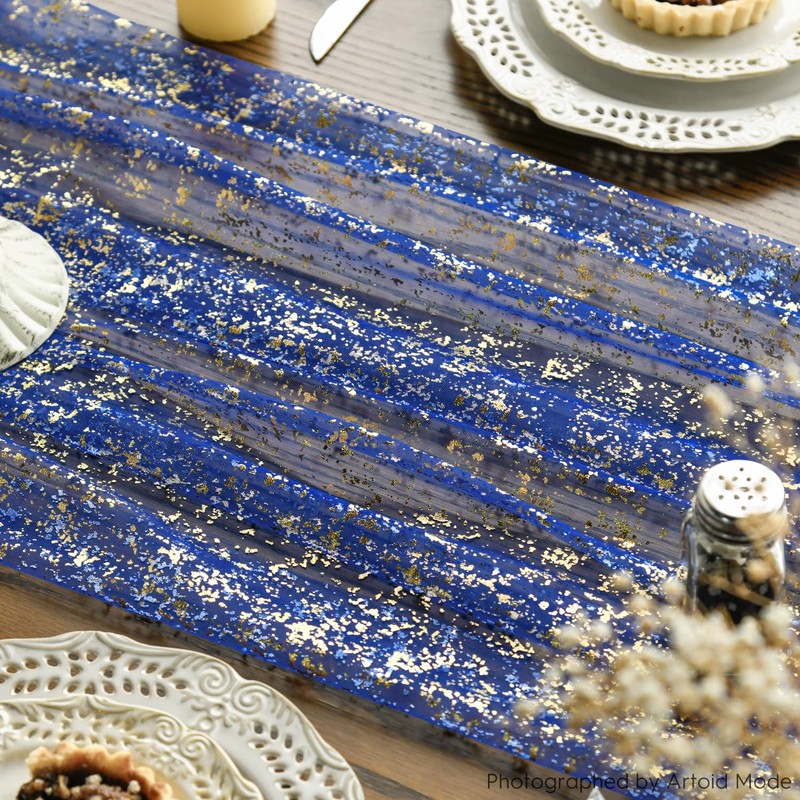 Artoid Mode Gauze Cheesecloth Glitter Foil Blue Gold Table Runner