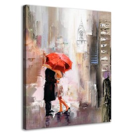 Canvas Wall Art Modern New York Cityscape Large Romantic Canvas Painting Art Wall Decor Lovers Under Red Umbrella Street Scenery Framed Pictures for Living Room Bedroom Home Office Decoration
