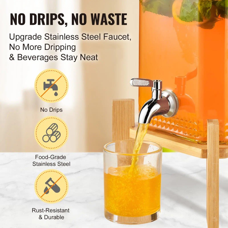1.5 Gallon Stainless Steel Spigot Iced Beverage Dispenser Glass Juice