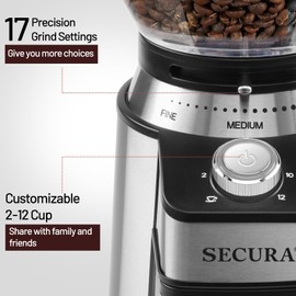 Secura Conical Burr Coffee Grinder Electric Coffee Bean Grinder with 17 Precise Grind Settings Automatic 2-12 Cups Coffee Grinder for Espresso French Press Coffee