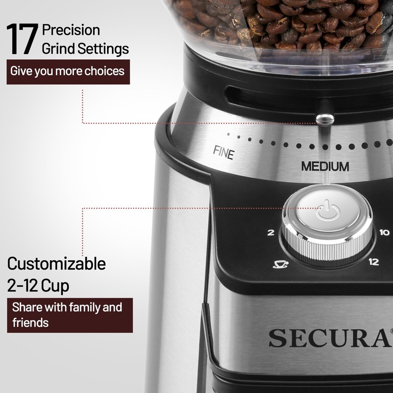 Secura Conical Burr Coffee Grinder Electric Coffee Bean Grinder with