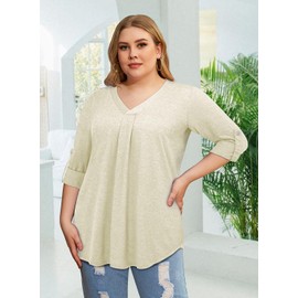 Siddhe Women's Plus Size Tops Spring Fall Winter Tops for Women 2024 Trendy V Neck 3/4 Sleeve Tunic Casual Top Beige 3XL