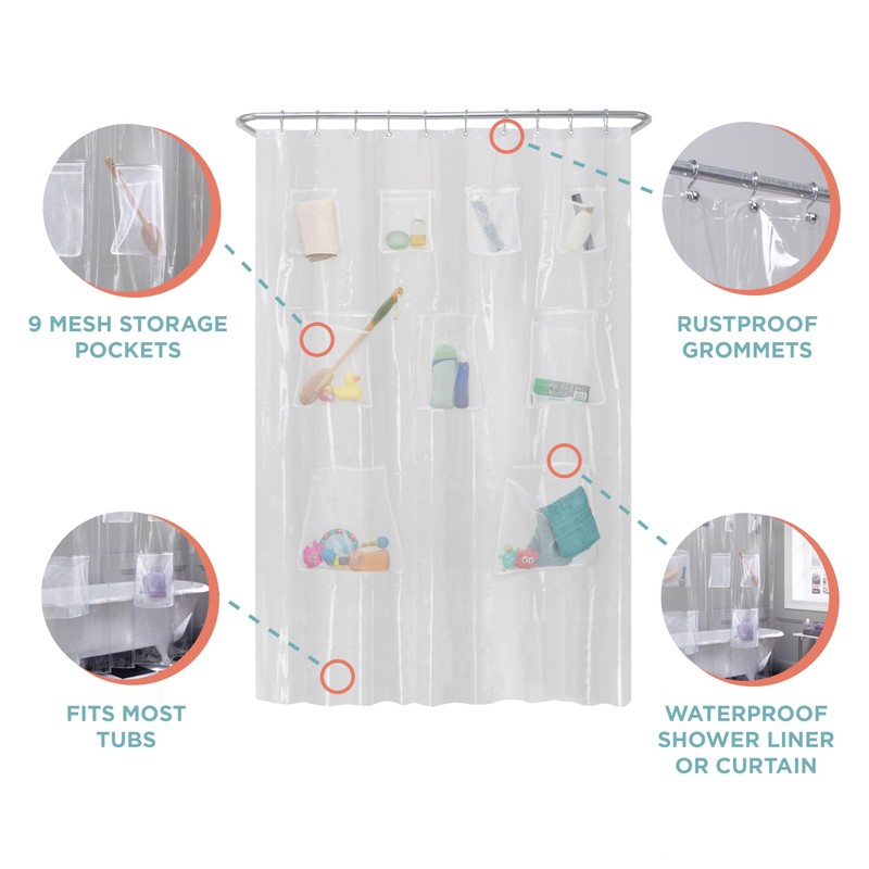 Zenna Home Clear Shower Curtain Liner with 9 Storage Pockets,