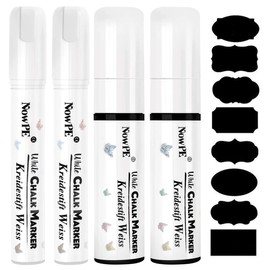NowPE White Chalk Marker Pen, 2pcs 10mm Chalk Pens + 2pcs 15mm Chalk Markers, Dry or Wet Wipe Erase, 10mm Thick Tip and 15mm Large Tip for Chalkbaord, Blackboard, Window, Glass, Packed with 16 Labels