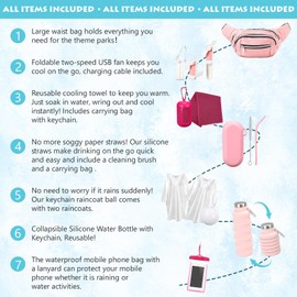 Floraltop Theme Park Essentials 9 Pieces Fanny Pack Cruise Ship Essentials USB Handheld Fan Collapsible Water Bottle Cooling Towel Disposable Ponchos Silicone Straw Waterproof Phone Pouch(Pink)
