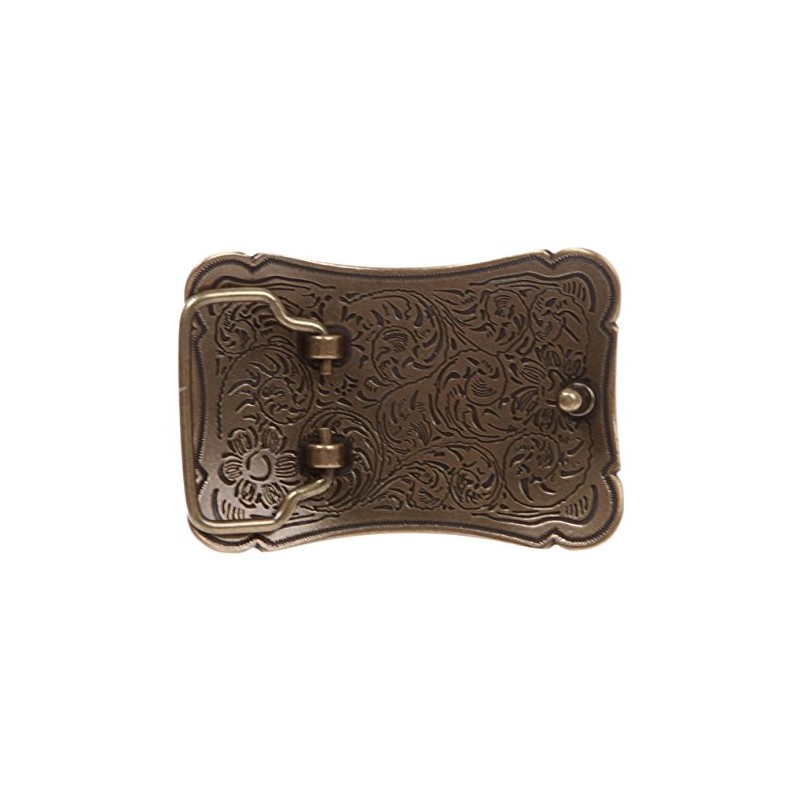 Western Solid Brass Engraved Rectangular Belt Buckle, Antique Brass