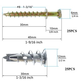 Ansoon Self-Drilling Drywall Zinc Anchors with Screws Kit - 25 Drywall Wall Anchor, 25 Gold Bear Claw Double-Headed Wall Picture Hanging Screws for D-Rings, Sawtooth, Wire and Keyholes