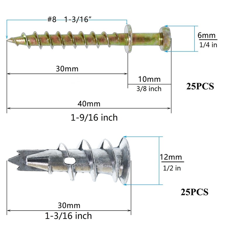 Ansoon Self-Drilling Drywall Zinc Anchors with Screws Kit - 25