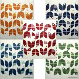 Geometric Flowers Set of 5 Cloths (one of Each Color on White) Swedish Dishcloths | ECO Friendly Absorbent Cleaning Cloth | Reusable Cleaning Wipes