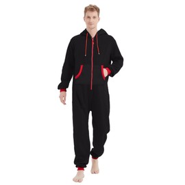 Focupaja Adult Romper Pyjamas Jumpsuit with Hood with Pockets Zip Up Onesie Christmas Family Suitable Sleepwear Loungewear for Women and Men, Black and red zip