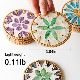 ROSSRORE Handwoven Natural Coasters Set - Boho Seashell & Rattan Heat Resistant Table Pad, Decorative Drink Mats for Home Bar Kitchen Trivets Set 5