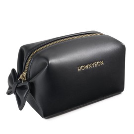Rownyeon Makeup Bag Cosmetic Travel Toiletry Pouch Bow-knot Cute Handbag Leather Purse for Women Girls,Black