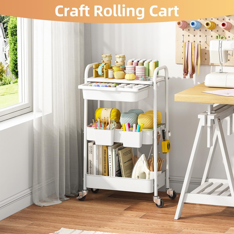 KINGRACK 3 Tier Metal Rolling Cart with Drawer, White Utility