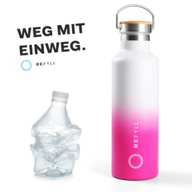 REFYLL "colorFYLL" Stainless Steel Drinking Bottle, 750 ml, Thermal Bottle for School, Children, Work, Water Bottle, Leak-Proof + BPA-Free, Pink & White