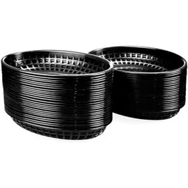 Lawei 50 Pack Oval Food Basket Plastic Diner Fast Food Basket for Fries Chip Sandwiches Burgers Picnics BBQ Party, Black