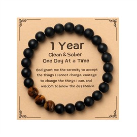 1 Year Sobriety Bracelet Gifts, Addiction Recovery Sober Gifts for Men, 12 Months AA Recover Gifts, Sobriety Anniversary Tiger Eye Black Beads Bracelet Birthday Christmas Gifts for Him