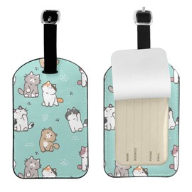 UESEU Cute Cartoon Kitten Luggage Tag for Suitcases,Kawaii Cats Kitty Green PU Leather Baggage Tags Bag Tags Travel Id Label for Luggage Women Men -1 Piece