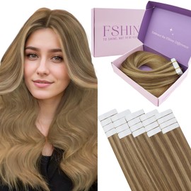 fshine Brown with Blonde Tape in Hair Extensions 14 Inch Golden Brown Mixed Dark Ash Blonde Tape in Hair Extensions Real Human Hair Adhensive Tape in Human Hair Extensions 20pcs 50g