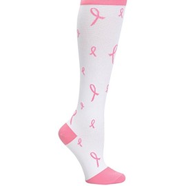 Nurse Mates Women's Compression Trouser Socks, White Pink Ribbons, XX