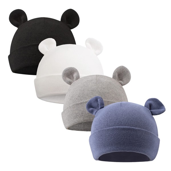 XIAOHAWANG Newborn Baby Hat Bear Ears Boys Girls Cotton Hat for Children 0 to 6 Months, White+Black+Grey+Cobalt