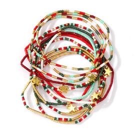 SHINUS BOHO Star Gold Beaded Stretch Christmas Bracelet Stack for Women,12PCS Bohemian Red Green White Small Beads Stackable Bracelet Fashion Holiday Accessories Outfits Jewelry Gift Friendship Family