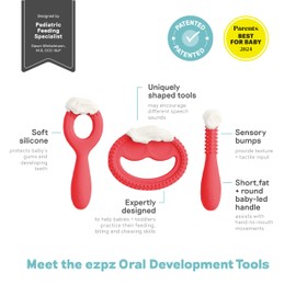ezpz Oral Development Tools - 3 Months+ (3 Pack in Coral) - Non-Slip Loop, Smile and Stick, 100% Silicone Tools to Practice Feeding + Chewing - Sensory Bumps - Dishwasher Safe