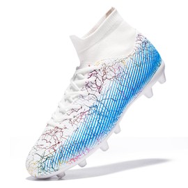 XGHRIAN Boys Girls Soccer Cleats Football Cleats Youth Firm Groud Soccer Shoes Athletics Outdoor Football Shoes Sneakers,White,Big Kid 7