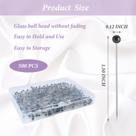 Sunenlyst Sewing Pins, 500 Pcs Straight Pins Ball Glass Head Pin with 1.5 Inch, Quilting Pins for Fabric, Black Pin for Jewelry DIY, Craft and Sewing Supplies