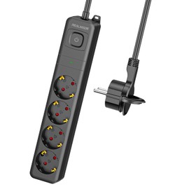 realmade RealMade 4 Fach Steckdosenleiste 1berspannungsschutz 1060J, 3M Flachstecker Mehrfachsteckdose, 3680W Verteilersteckdose mit Kindersicherung und Wandmontage Schwarz