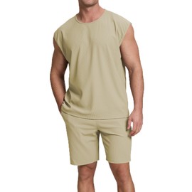 Cakulo Mens Summer 2 Piece Outfits Sleeveless Muscle Tank Tops Athletic Casual Beach Shirts and Shorts Set Khaki XL