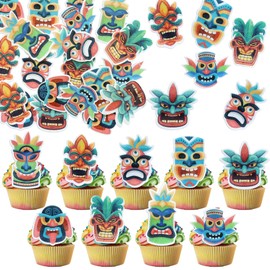 Ephlyn 54Pcs Edible Tiki Tribal Masks Cupcake Toppers Wafer Paper Hawaiian Tropical Tiki Totem Cupcake Picks Summer Aloha Birthday Cupcake Decorations Party Supplies Multicolor