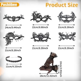 Masquerade Mask Set, 6Pcs Venetian Party Mask with 2Pcs Lace Gloves and 4Pcs Choker Necklace for Cosplay Party Accessories