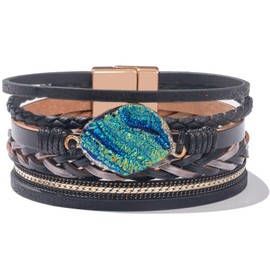 FANCY SHINY Braided Leather Bangle Bracelets Boho Resin Stone Wrap Bracelets Stackable Cuff Bracelets with Magnetic Clasp for Women(Black)