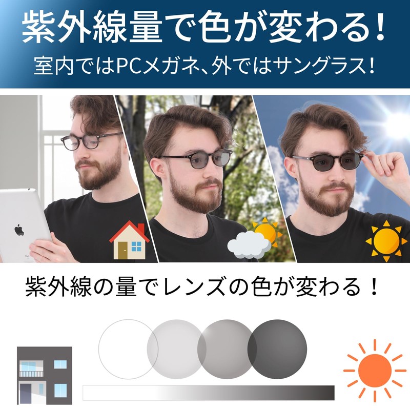 PrePiar PC Glasses, Dimmable Sunglasses, Blue Light Cut, Dimmable, UV