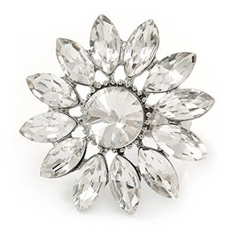 Avalaya Clear Crystal Flower Ring In Silver Tone Metal - 33mm - Size 7