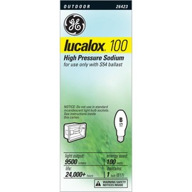 GE Lucalox High Pressure Sodium Light Bulb, B17 HPS Bulb, 100 Watt