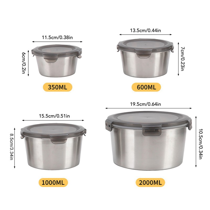 4Pcs Stainless Steel Preservation Box Large Capacity Round Food Storage