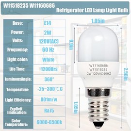 2 bombillas LED de repuesto para refrigerador W11518235 W11160686, 120 V, 2 W, se adapta a Whirlpool Kenmore bombilla de refrigerador W10865839, WPW10473925, W10473925, W10574850, W10809515