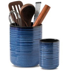 Hasense Ceramic Utensil Holder for Kitchen Counter, 7.4"+5.5" Caddy Set of 2, Large Cooking Holder for Countertop, Crock for Farmhouse Decor, Blue