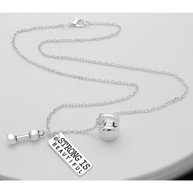 Art Attack Strong Is Beautiful Workout Gym Necklace, Barbell Dumbbell