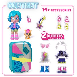 KOOKYLOOS Suzie's Suitcase Doll Case with Over 14 Fashion Accessories and Exclusive Doll with 3 Fun Expressions Includes Clothes, Accessories and Shoes, Hangers and an Exclusive Pet