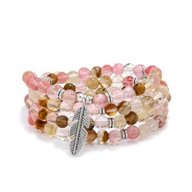 Feather Charm Zen Dear Mala Beads Yoga Inspirational Necklace 108 Durable Self Discovery Mala Prayer Beads Wrap Bracelet (Watermelon Tourmaline)