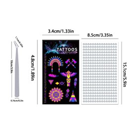 AYNKH 10 Sheets Neon Temporary Tattoos, with 3 sheets Rhinestones stickers and 1 pcs tweezers, Glow in The Dark Party Supplies, Neon Party Decorations, Party Tattoos, Rave Festival