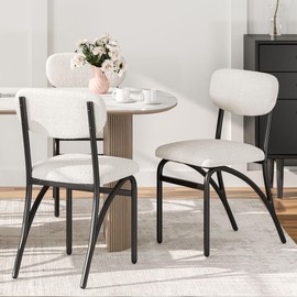 Dining Chairs Set of 2, Modern Fabric Upholstered Dining Room Chair, Mid-Century Modern Round Dining Chairs with Curved Backrests, Boucle Upholstered Seats & Sturdy Metal Legs for Living Room - Beige