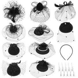 Youdaju 10 Sets Fascinator Hats Flower Mesh Feathers Headwear Black Funeral Veil Hats Hair Clips with 10 Pcs Hairbands for Girls and Women Tea Party Wedding Cocktail Formal Events Supplies